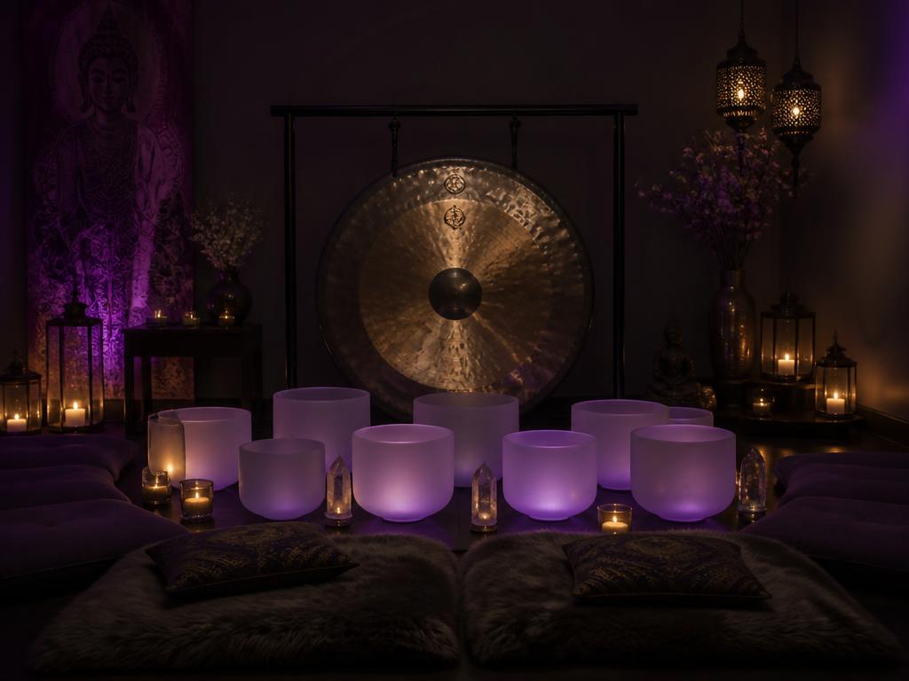 Bronze gong and crystal bowls in a candlelit studio