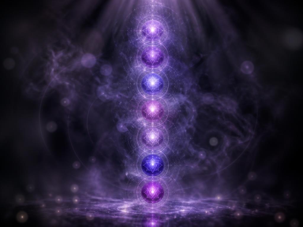 Glowing chakra energy orbs in violet light