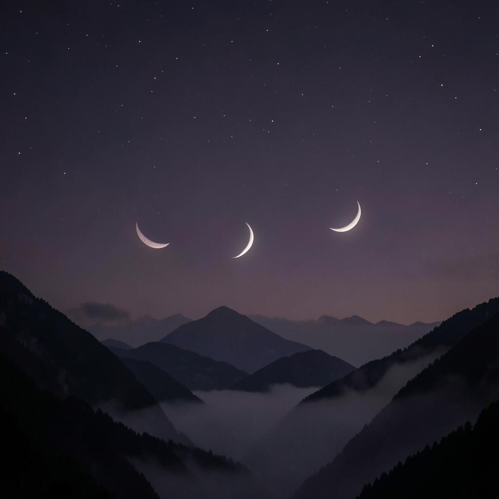Crescent moon phases over misty mountains at night